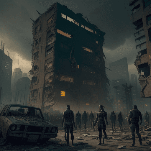 AI generated: A (time of day) scene of a Cyberpunk post-apocalyptic city in ruins. A group of (type of survivors) ...