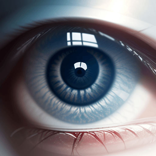 AI generated: close-up of a human eye, reflecting various elements of a business environment (e.g., storefront, of...