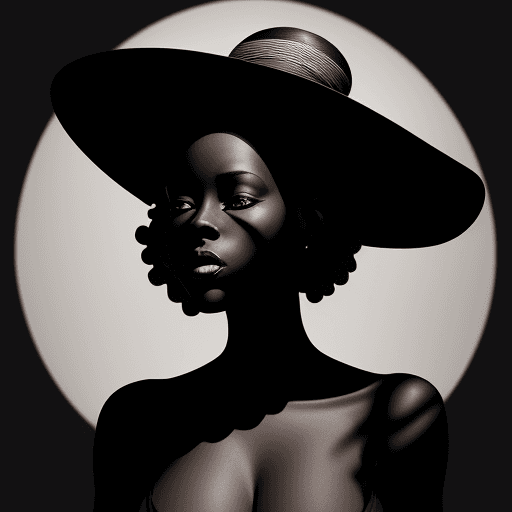 AI generated: an african american woman, fair skinned in a black dress is wearing a big hat to the right, in the s...