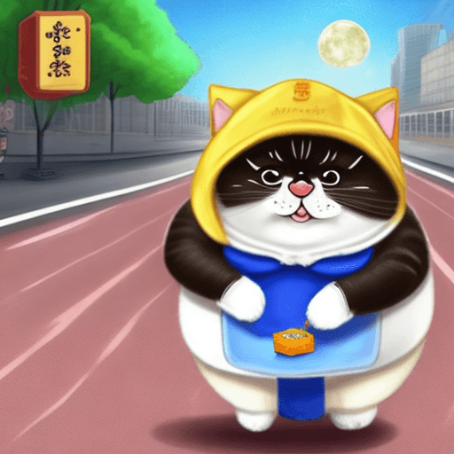 AI generated: a super fat small cat with school uniform and see a mooncake on the road