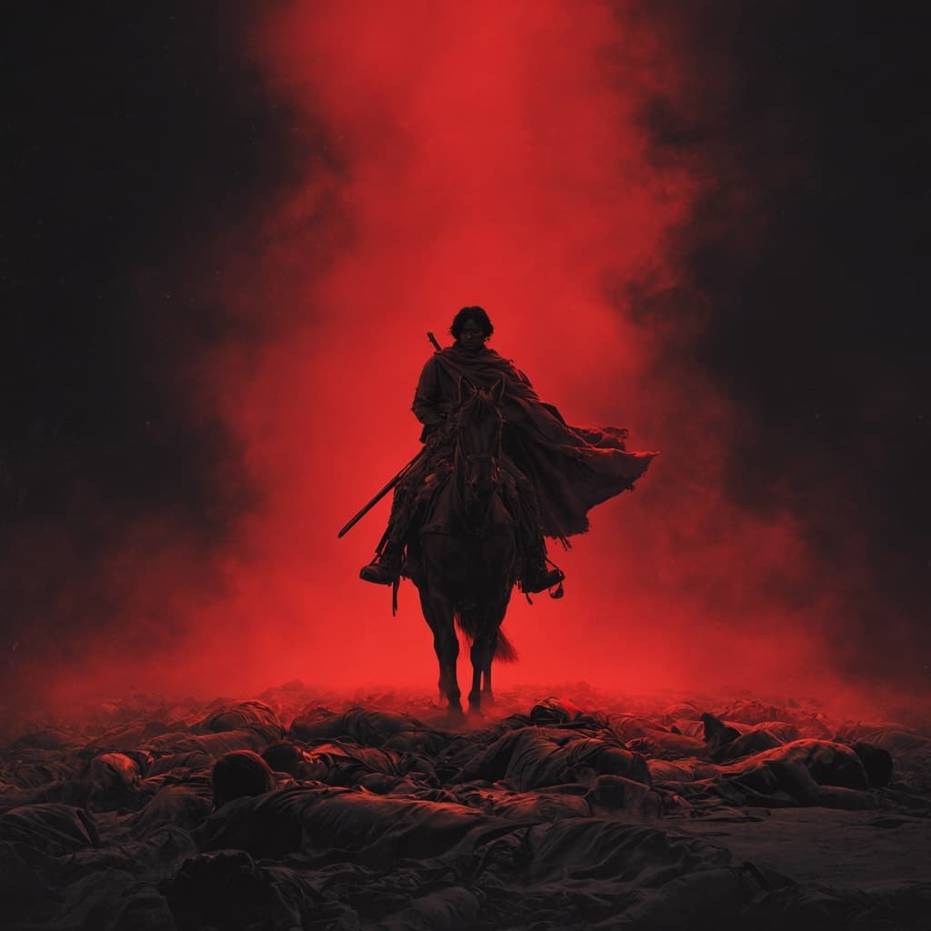 AI generated: A movie poster of a rugged,cloud-like figure with noir-inspired appearance, riding a horse, towards ...