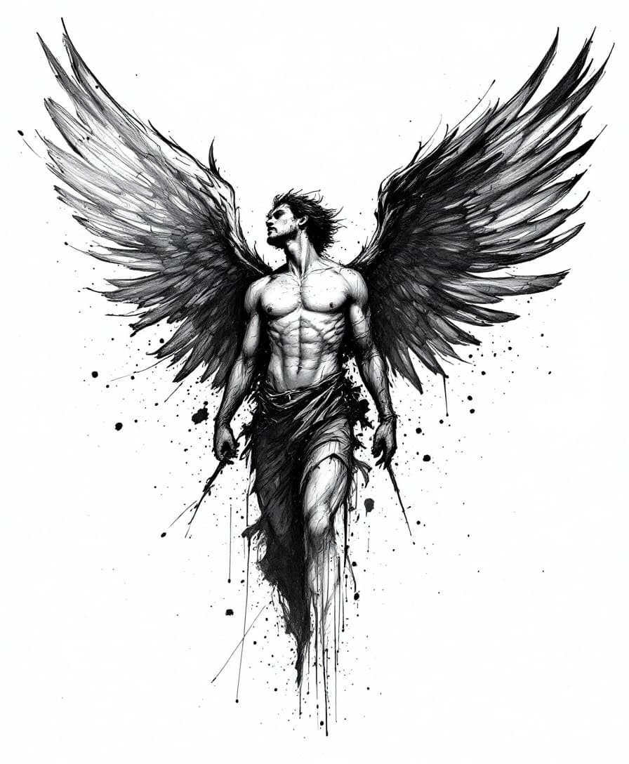 AI generated: a rough black ink drawing of a male angel with wings 