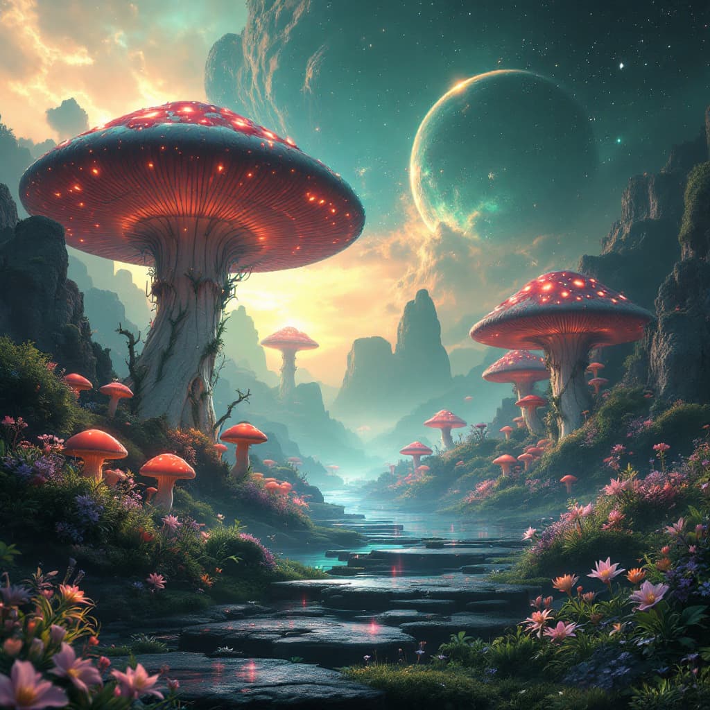 AI generated: Fantasy landscape, dynamic lights, glowing emerald, nebulas, sunset,,8k photorealistic eternal  ambi...