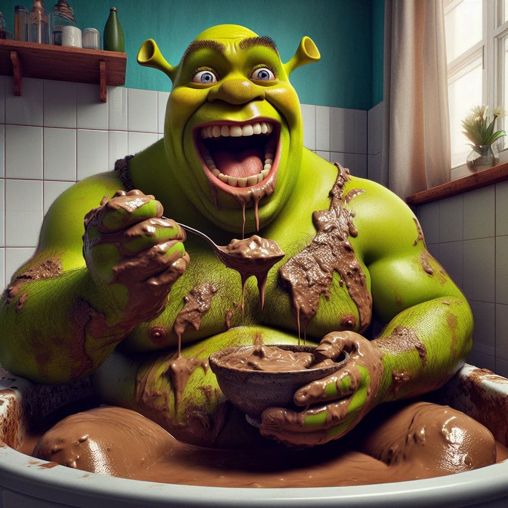 AI generated: Shrek eating mud soup in the filthy toilet, extreme, happy, realistic