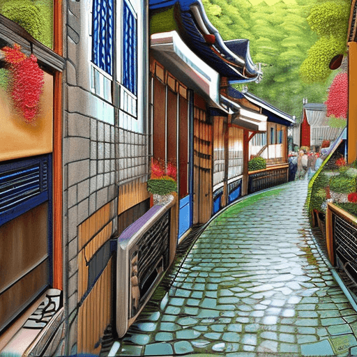 AI generated: kyoto, walking tour japan, in the style of hinchel, villagecore, manga-influenced, spiritual resonan...