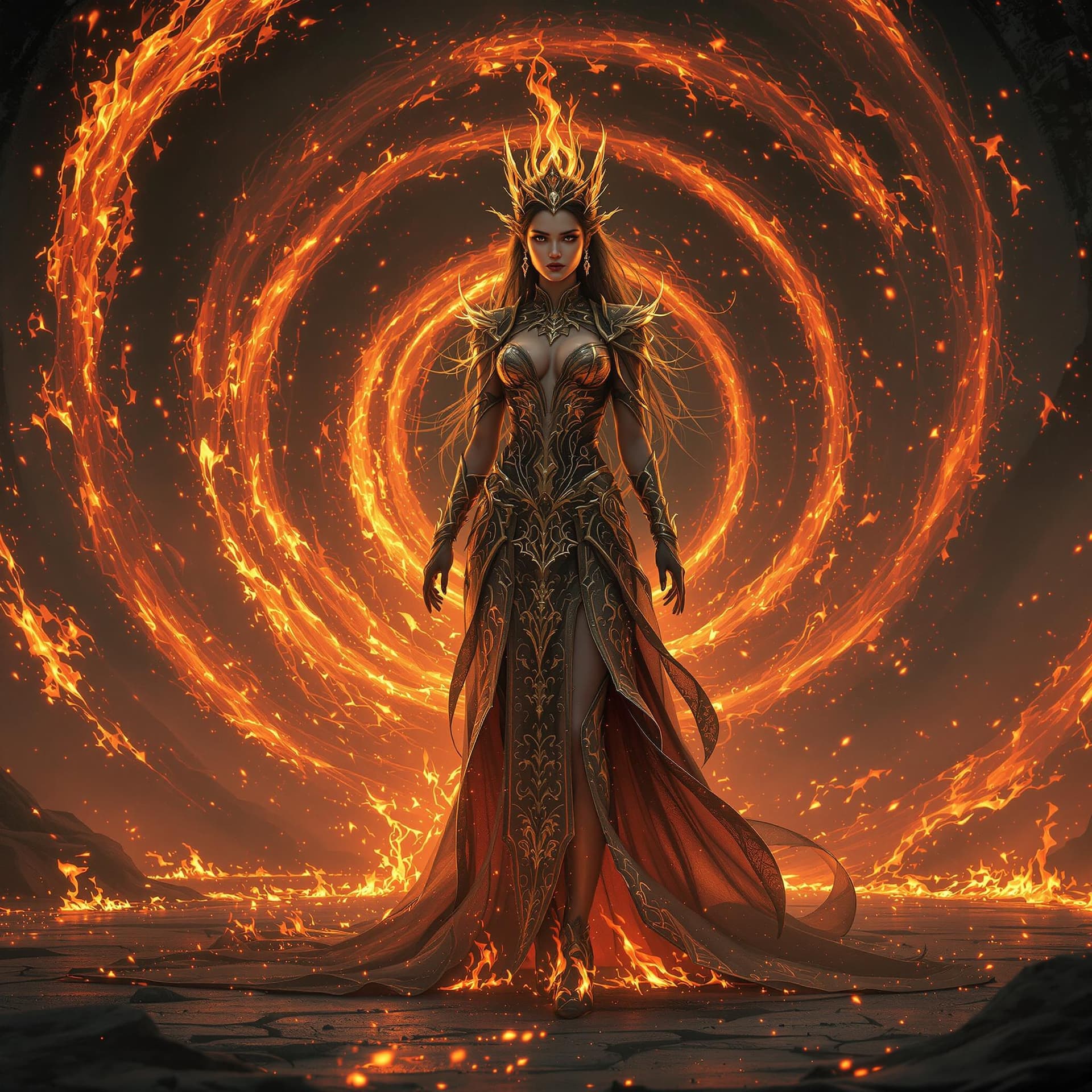 AI generated: young beautiful Queen of the fire standing on ground in spiral flame fog background, glorious, full ...