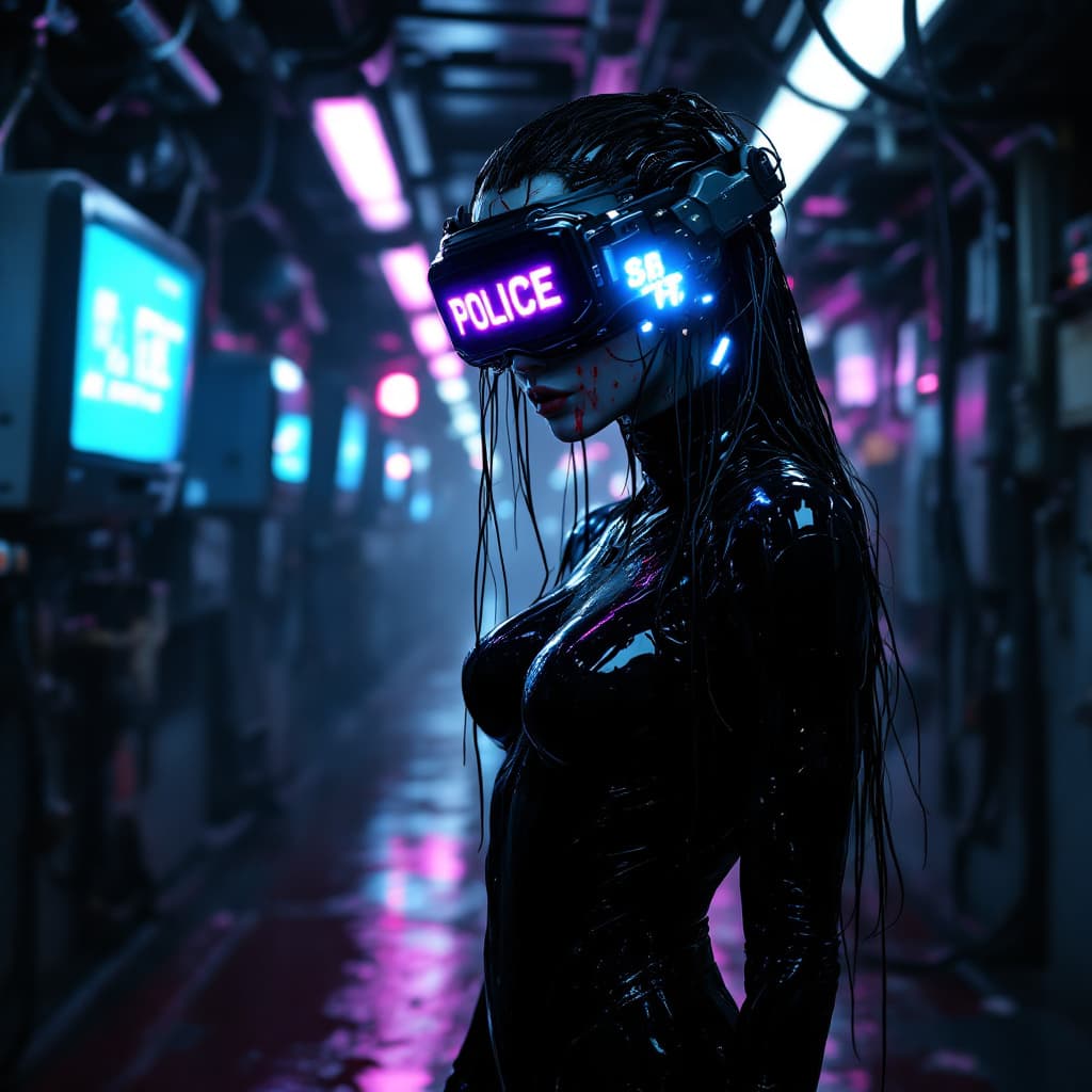AI generated: 3 quarter angle of a  futuristic cyberpunk humanoid with a sleek black latex bodysuit, wearing a hig...