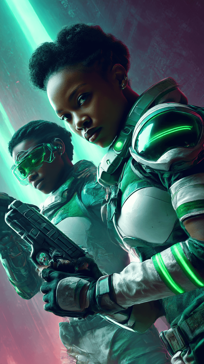 AI generated: A determined [Nigerian flag] female fighter, wearing green and white tactical armor with glowing acc...