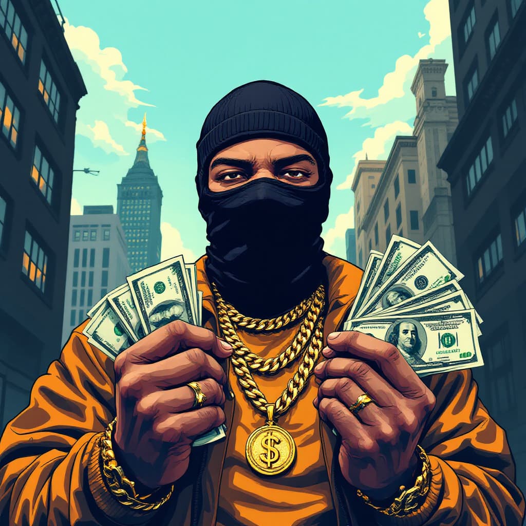AI generated: A album cover of a  trap rapper with gold chains around his neck, wearing a black balaclava, holding...