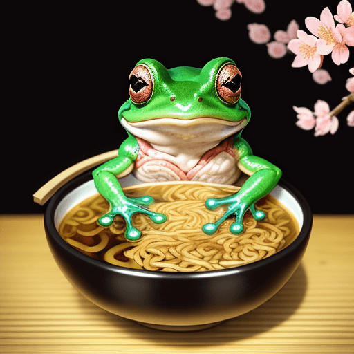 AI generated: tattoo style frog sitting in a bowl of Japanese ramen noodles  bright happy cherry blossoms