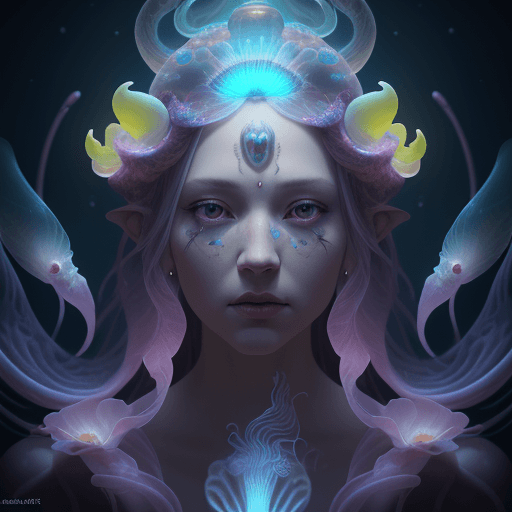 AI generated: Goddess close-up portrait ribcagel. jellyfish phoenix head, nautilus, orchid, skull, betta fish, bio...