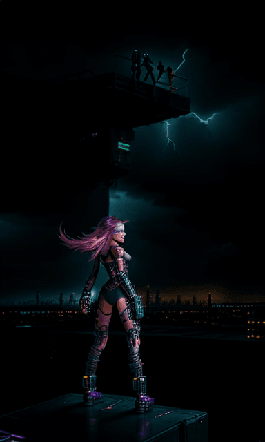 AI generated: Digital art, concept art, a cyberpunk girl, standing on a rooftop with a dark dystopian city in the ...
