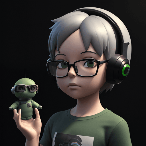 AI generated: Toy with a men, gray short hair, black glasses w wearing a green t-shirt,   3d render, digital art, ...