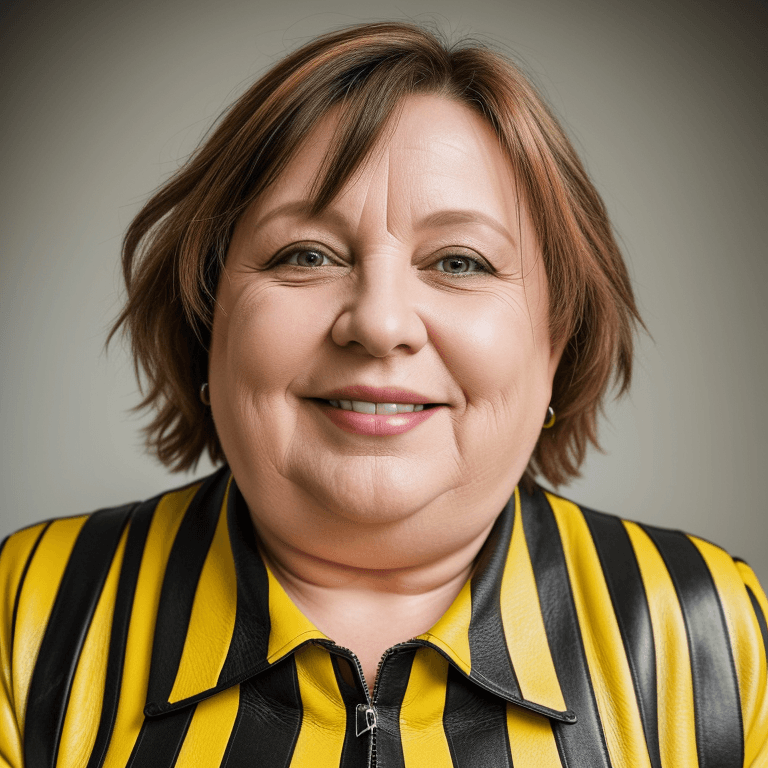 AI generated: hyper realistic headshot photo of a 55 year old german woman, overweight, wearing a yellow black str...