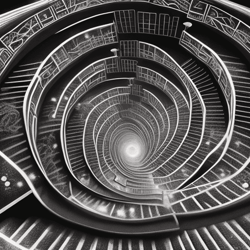 AI generated: A dreamy illustration of an infinite staircase leading to the universe, with books and characters on...