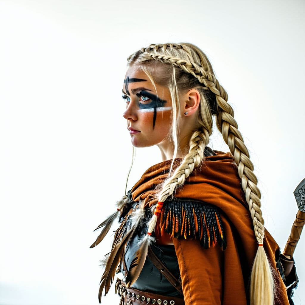 AI generated: Realistic photo of a Viking warrior woman with braided hair, wearing war paint on her face, feathers...