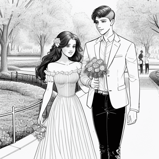 AI generated: coloring page, of a romantic young man, with his girlfriend, he gives her a flower, in the park,the ...