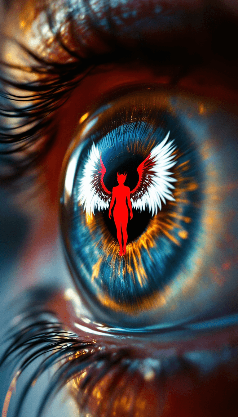 AI generated: Microscobic view of an ultrarealistic human retina,reflecting a red devil silhouette with ultradetai...