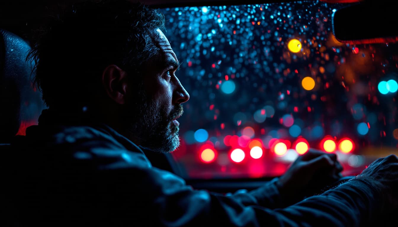 AI generated: A man inside a car at night, gripping the steering wheel tightly, his face lit by the red brake ligh...