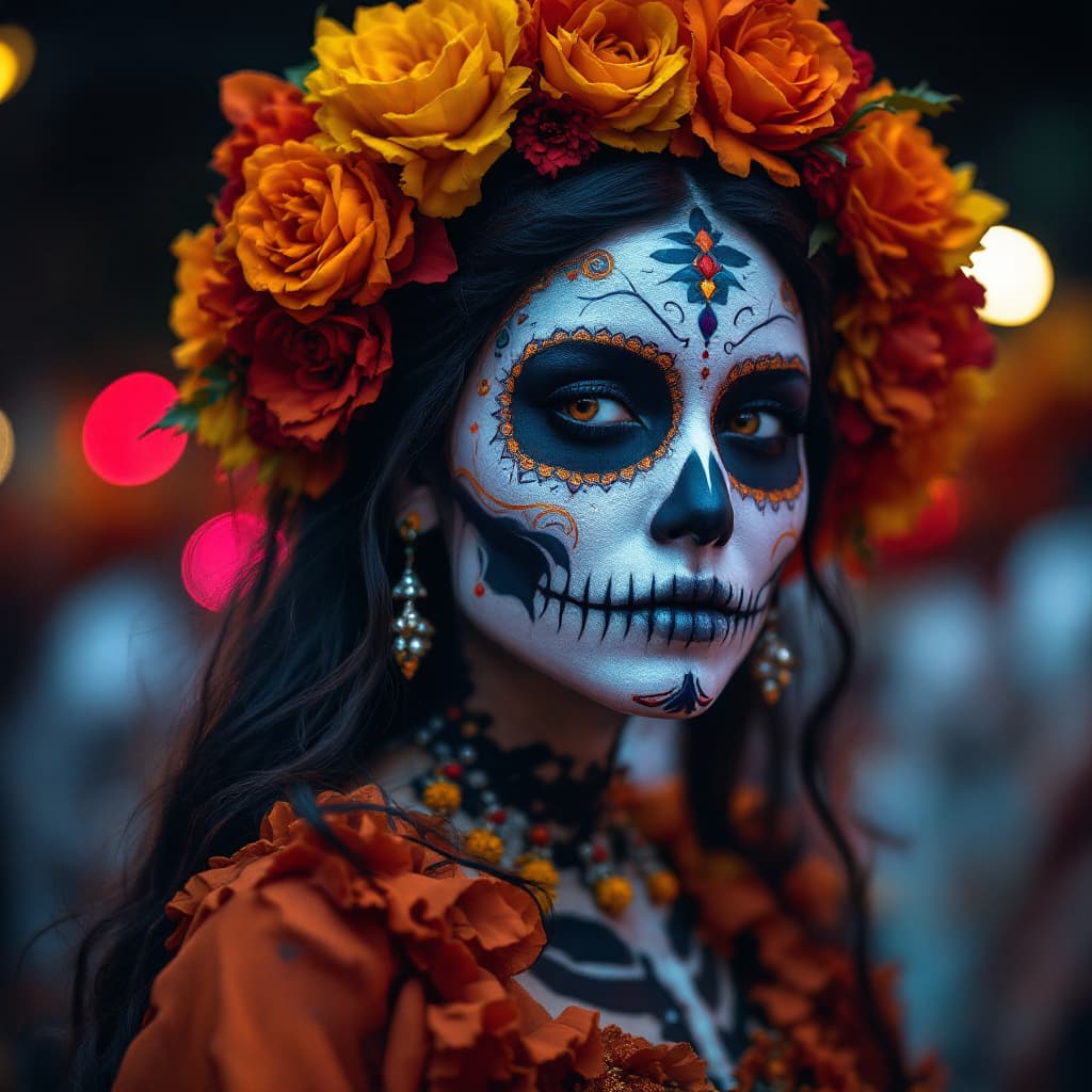 AI generated: Dias de los Muertos Parade fading into dark background, high-resolution photography, ultra-realistic...