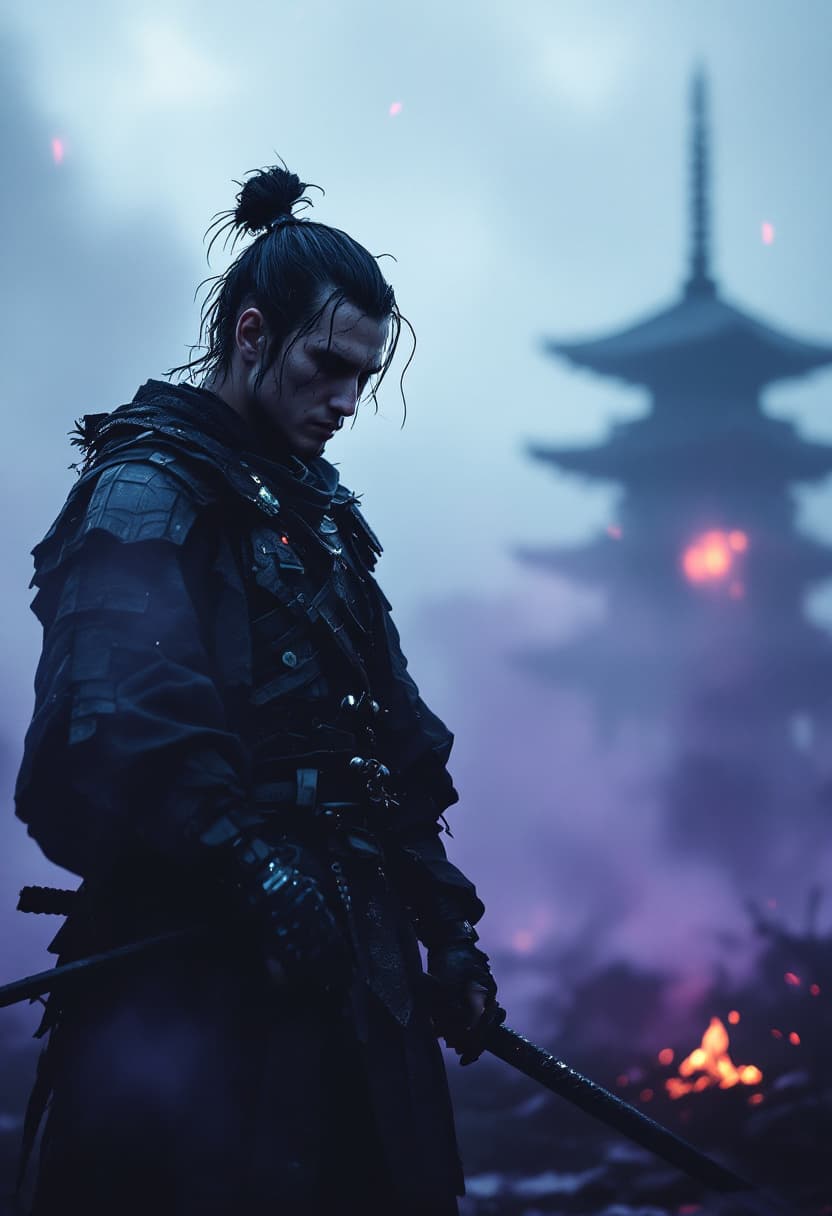 AI generated: a lone cyber-traditional samurai standing still in a misty battlefield, wearing worn dark traditiona...
