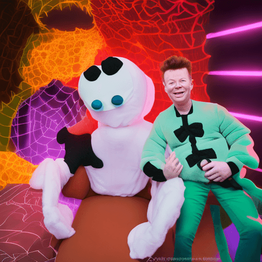 AI generated: rick astley wearing a plush spider costume, anime style, 4k