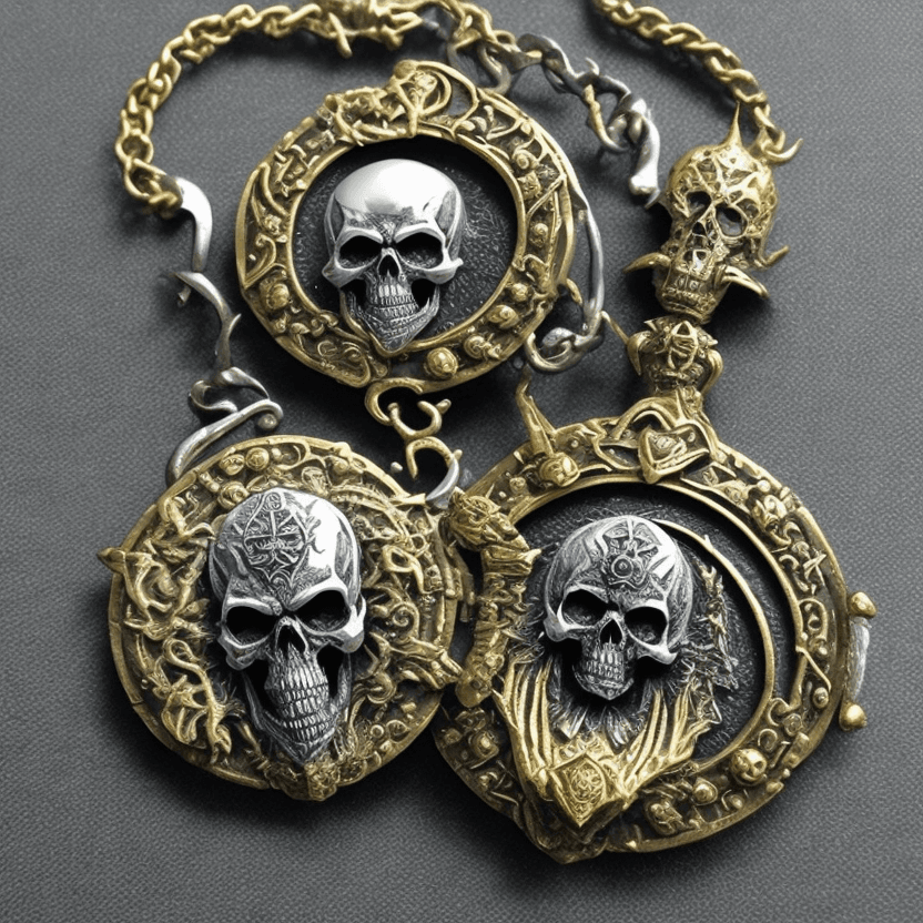AI generated: Photo of a black and silver medallion from warhammer fantasy, with the ice queen skull, wich is an h...