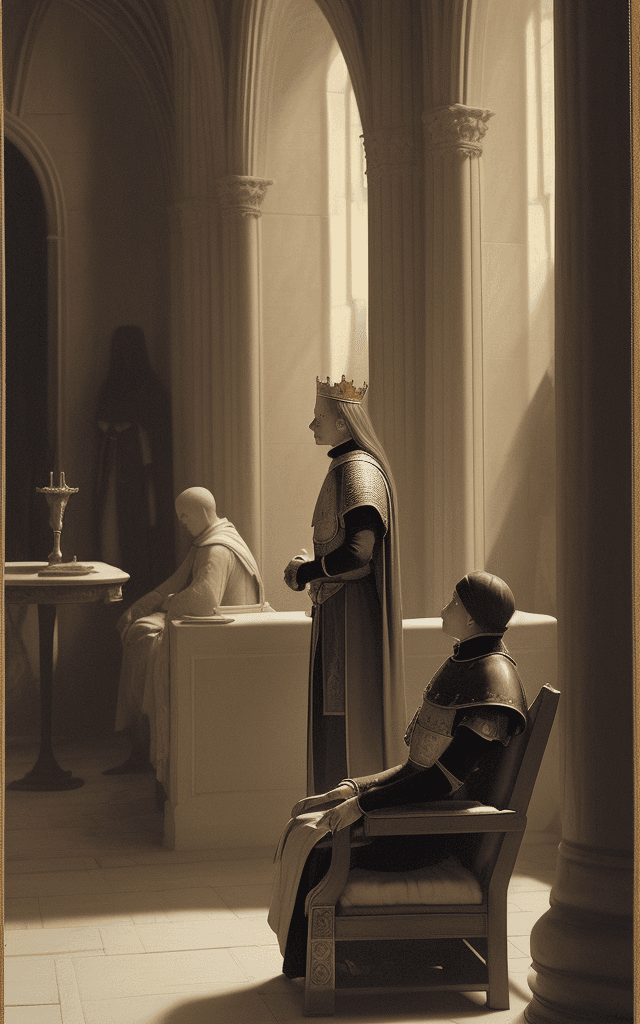 AI generated: A servant looks at another servant sits in front of the king in an empty throne room, medieval, side...