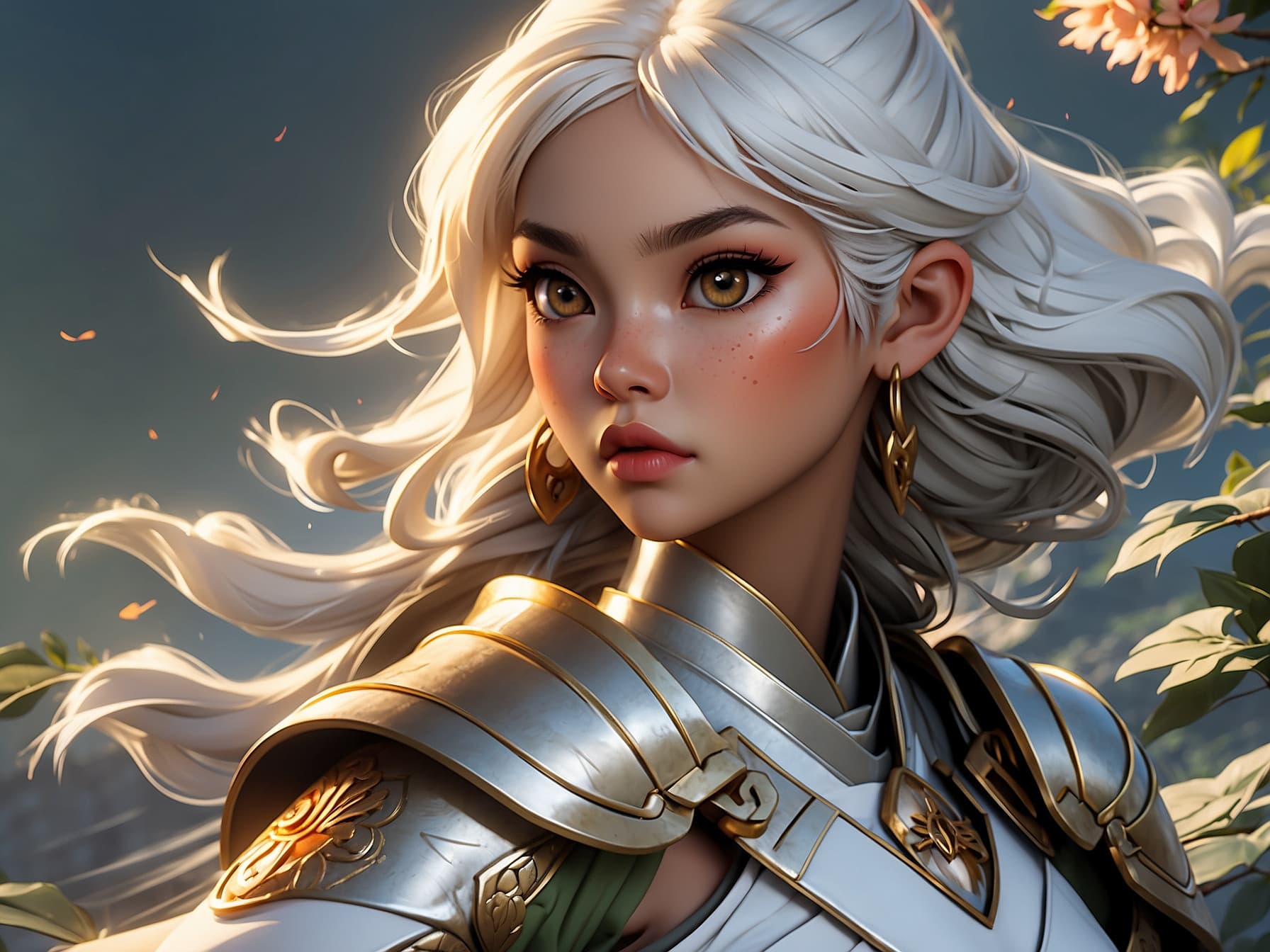 AI generated: a woman with white hair wearing a silver armor, a detailed painting by Jan Tengnagel, featured on cg...
