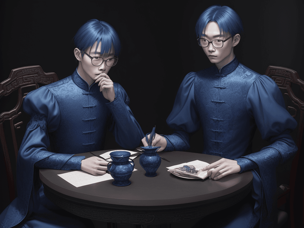 AI generated: https://s.mj.run/XzWAdk8TEag, a Chinese man, wears glasses sitting at a table , by Valerie Petts, tu...