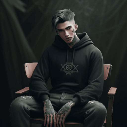 AI generated: photography, long-distance shot, man model, seated on chair, green long undercut, dark deep forest c...