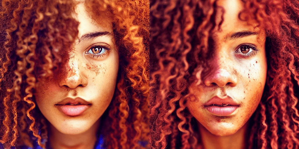 AI generated: girl, red-haired, curly-haired, brown skin, vitiligo, front-face, ultrarealistic, HDR