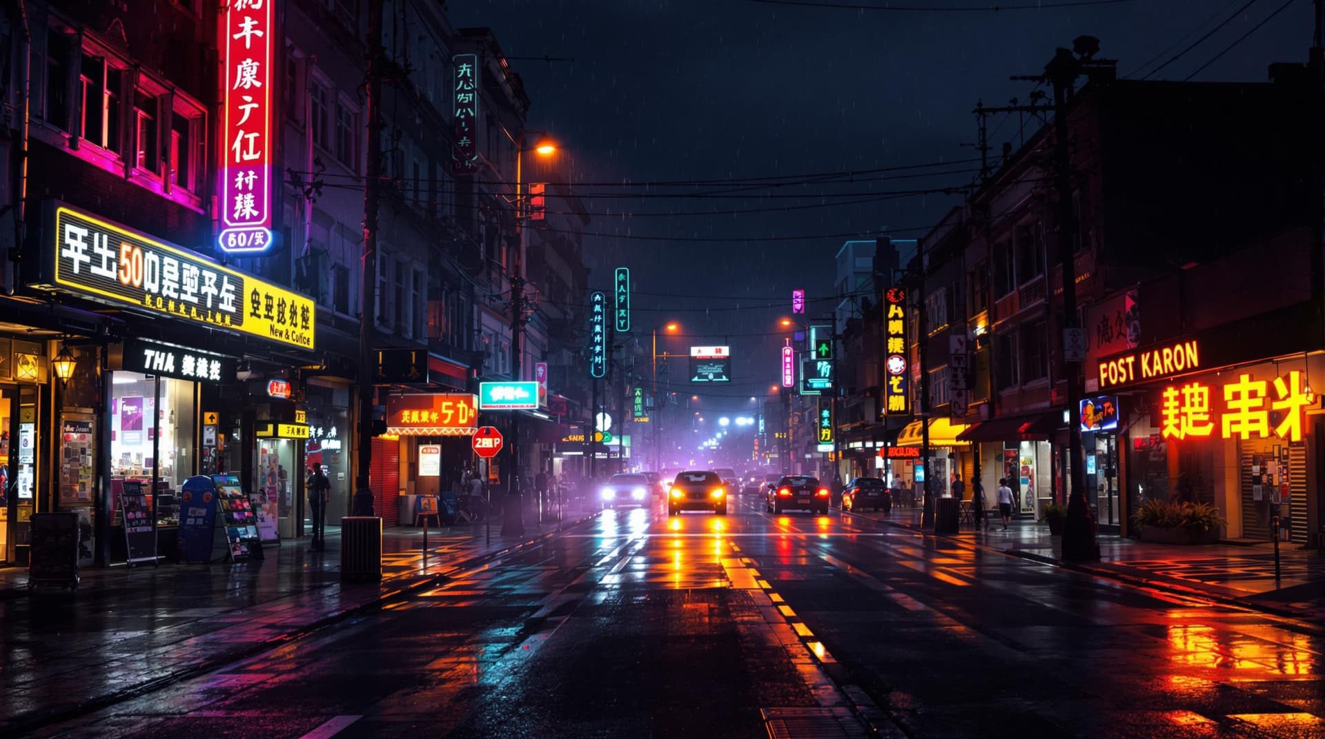 AI generated: Street of the 80s. At night. A lot of neon. Without people. No cars. Rain