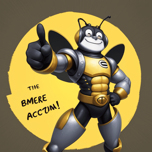 AI generated: strong bee, smile on his face, one hand on his waist and the other pointing to a place, voice of ord...