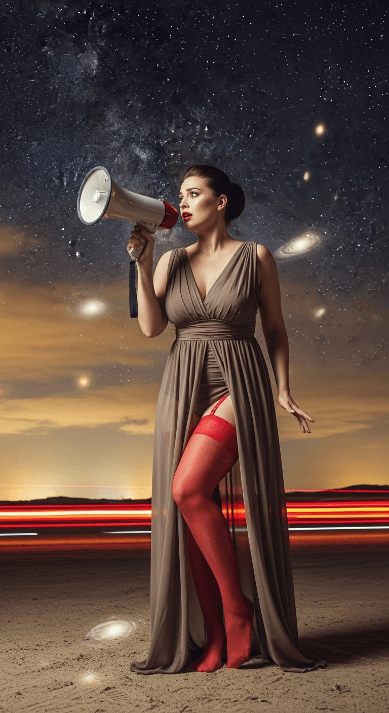 AI generated: Chic, fashion editorial photography. Full body shot, low angle, off-center. Elegant, curvaceous, vul...