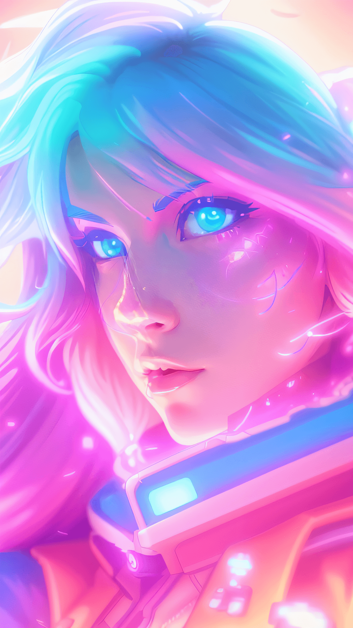 AI generated: Woman with glowing hair and blue eyes in a spacesuit, cyberpunk artstyle, bright cyberpunk glow, dig...