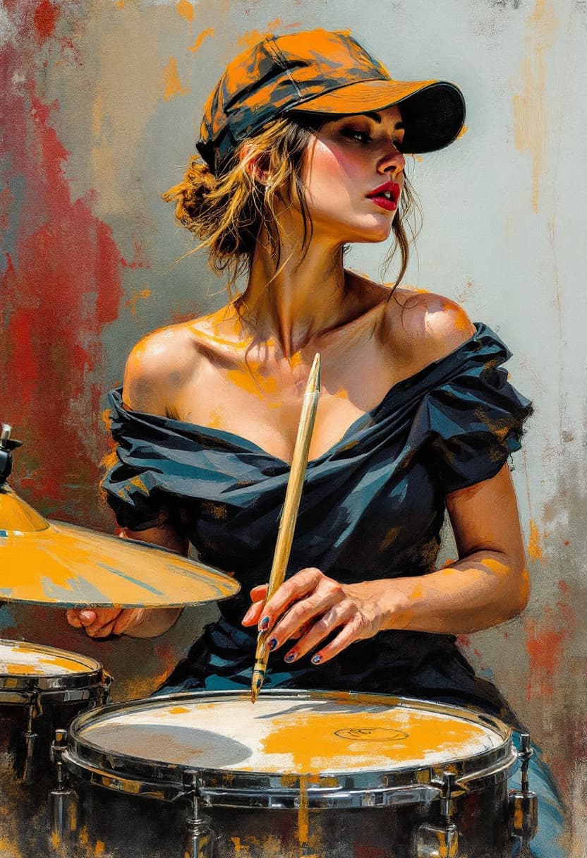 AI generated: Sketch Art, Beautiful Colored Pencil Line, Artistic Brush Strokes, Beautiful, Woman in Cap Playing D...