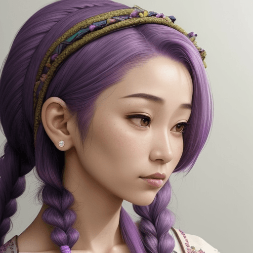 AI generated: A woman with purple hair styled in a side braid and adorned with modest hair accessories. She should...