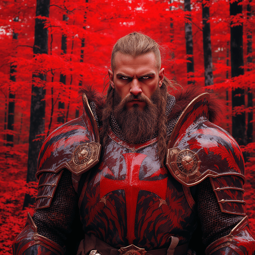 AI generated: /imagine prompt: Create an avatar of a warrior wearing a knight's armor with a red forest background...
