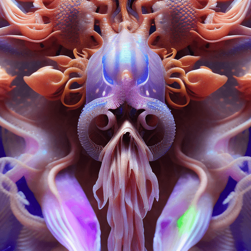 AI generated: Goddess close-up portrait ribcagel. jellyfish phoenix head, nautilus, orchid, skull, betta fish, bio...