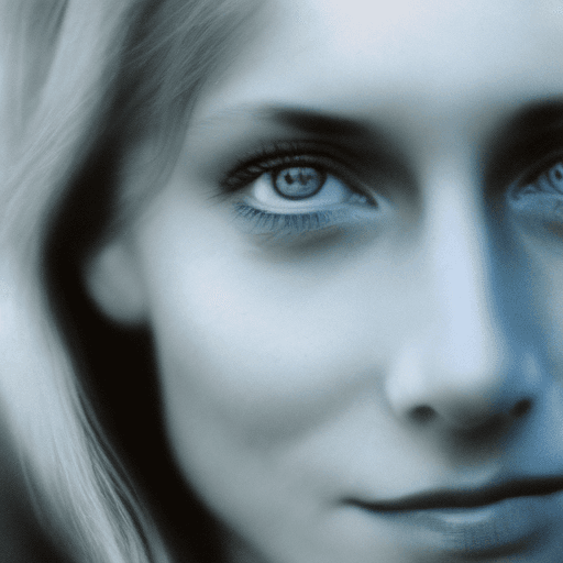 AI generated: colors, sharp light blue eyes, A soul-stirring close-up portrait of a woman, grins, her grace enhanc...