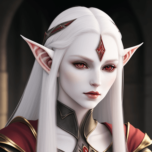 AI generated: Altmer elf woman, white long hair, pale skin,  beautiful, pointy short ears, red eyes, NO horns, maj...