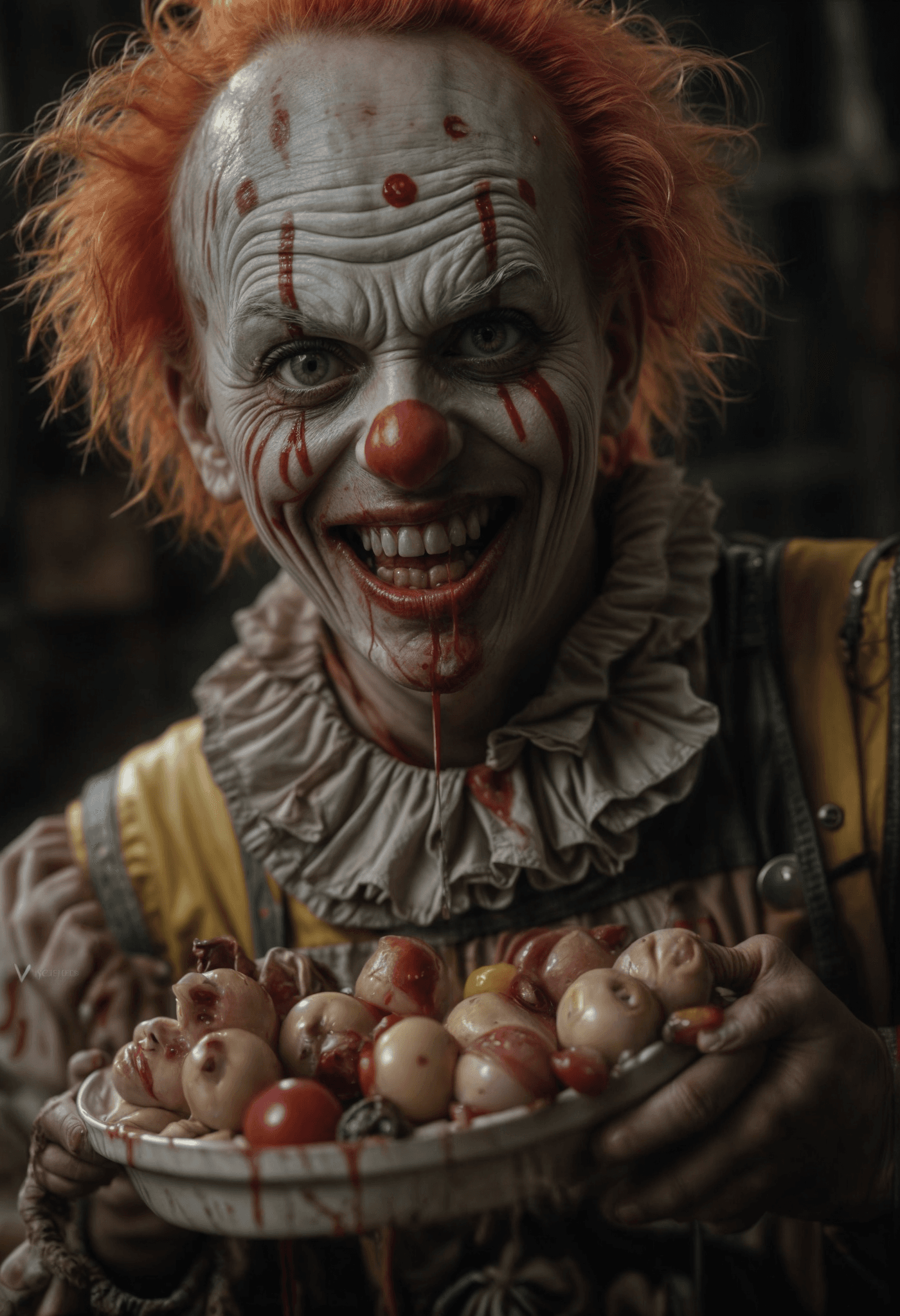 AI generated: A creepy Horrorclown is eating ugly things ,gore, ,dirty atmoshere,