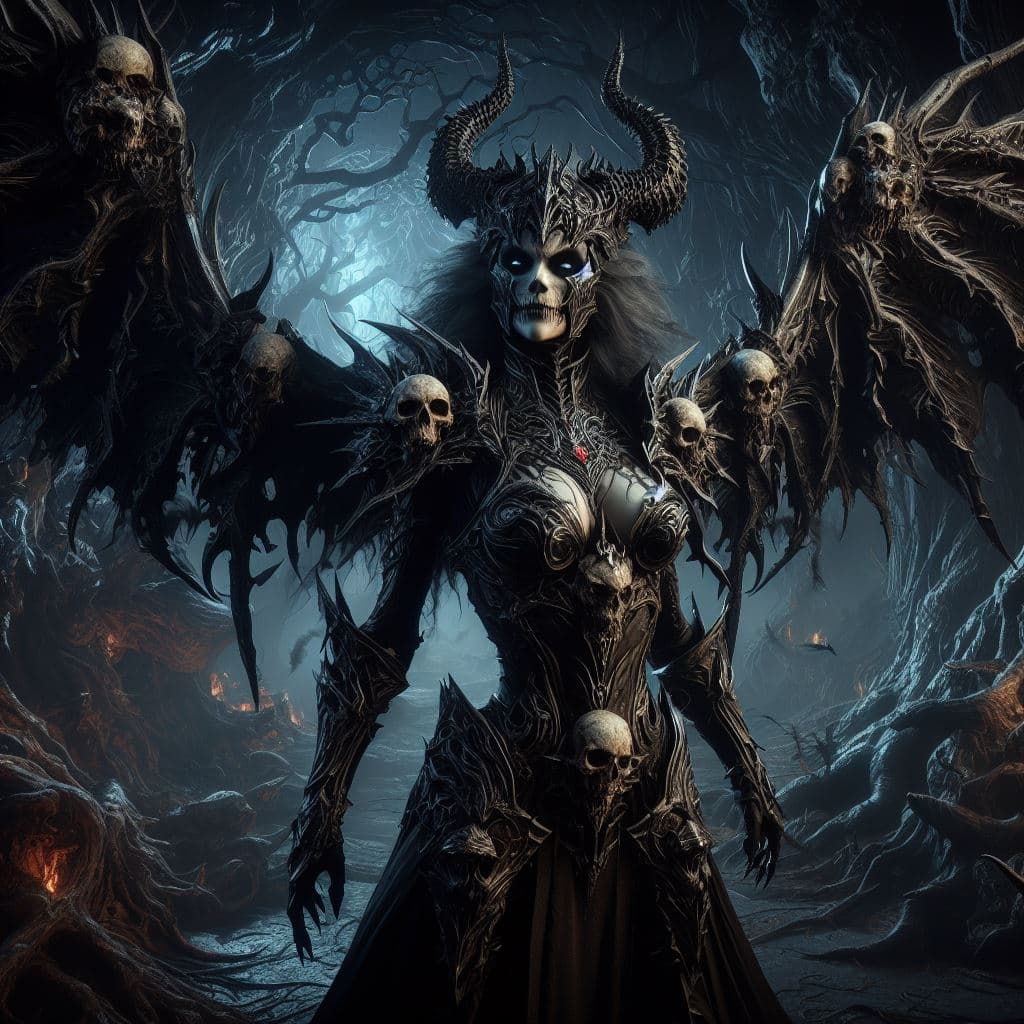 AI generated: In this portrait, Serqet is shown in her Dark Lord skin, standing in a dark and twisted version of t...