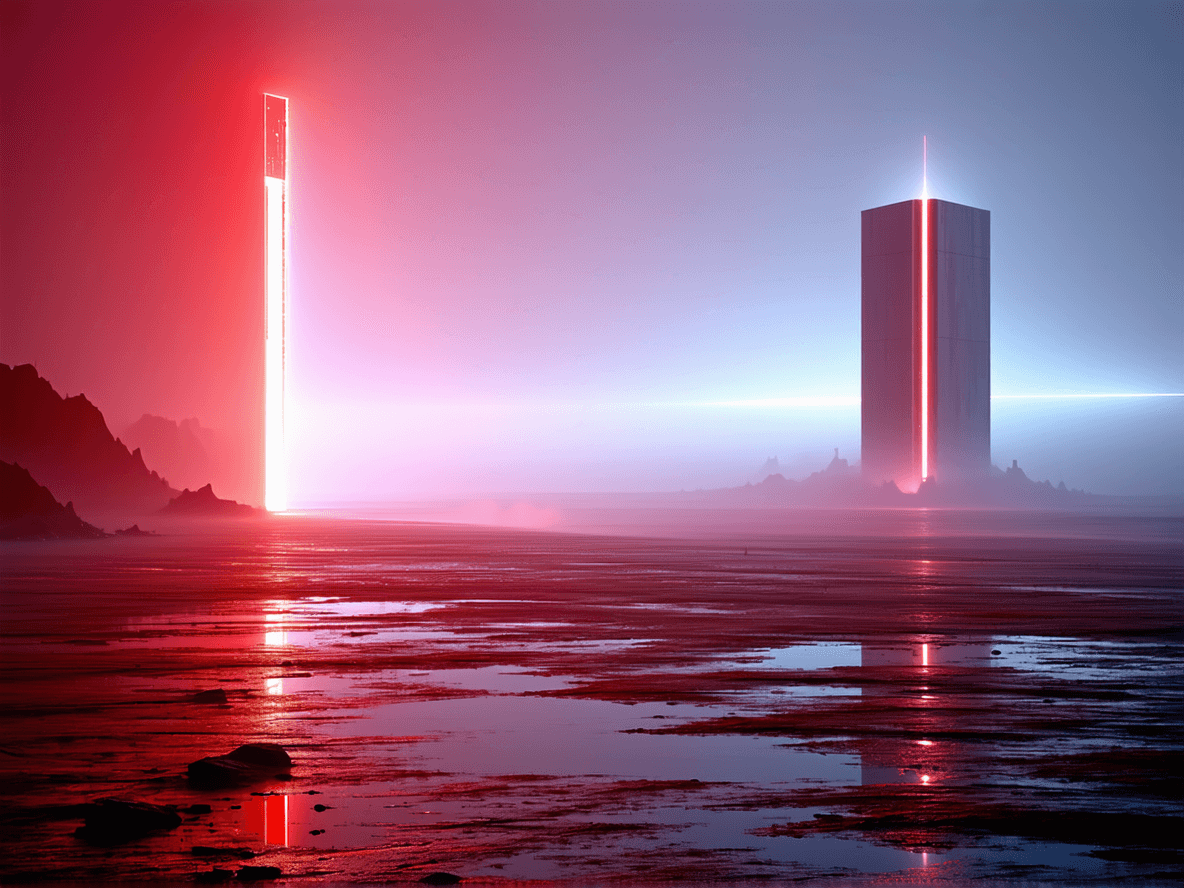 AI generated: Random images of unknown futures. (in the style of the artist Stuart Immonen:1.9). Subtle red and wh...