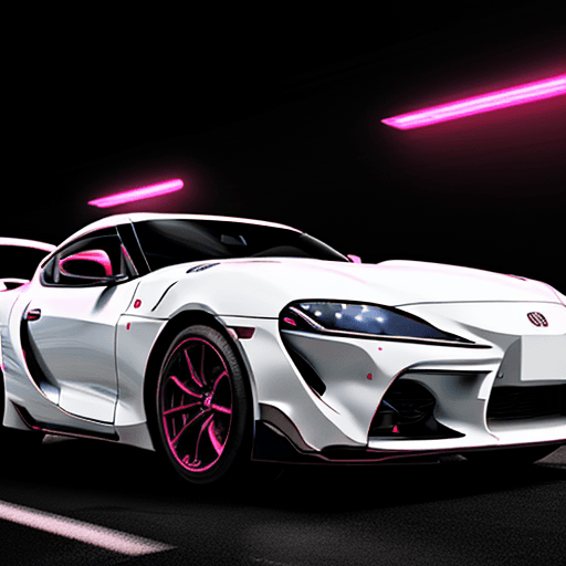 AI generated: A sleek white Toyota Supra MK4 with neon light accents, pink and red headlights, and ultra-realistic...