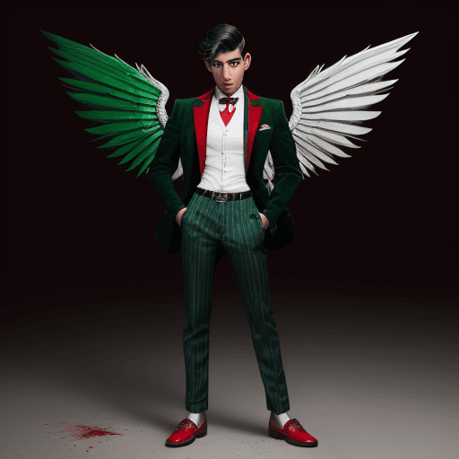 AI generated: A realistic 19 year old mexican man with 
black popmpaudor hair, with a emerald green pinstripe bagg...