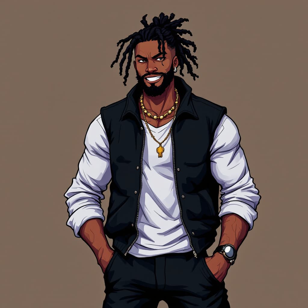 AI generated:  2d pixel gaming art style of a black male with Espresso skin tone with  locs in a ponytail with a  ...