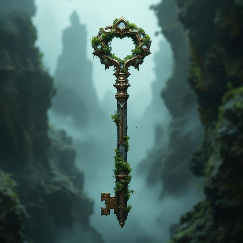 AI generated: Create a key made of Moss Agate with metal and moss at the hilt and the teeth of the key are made ou...