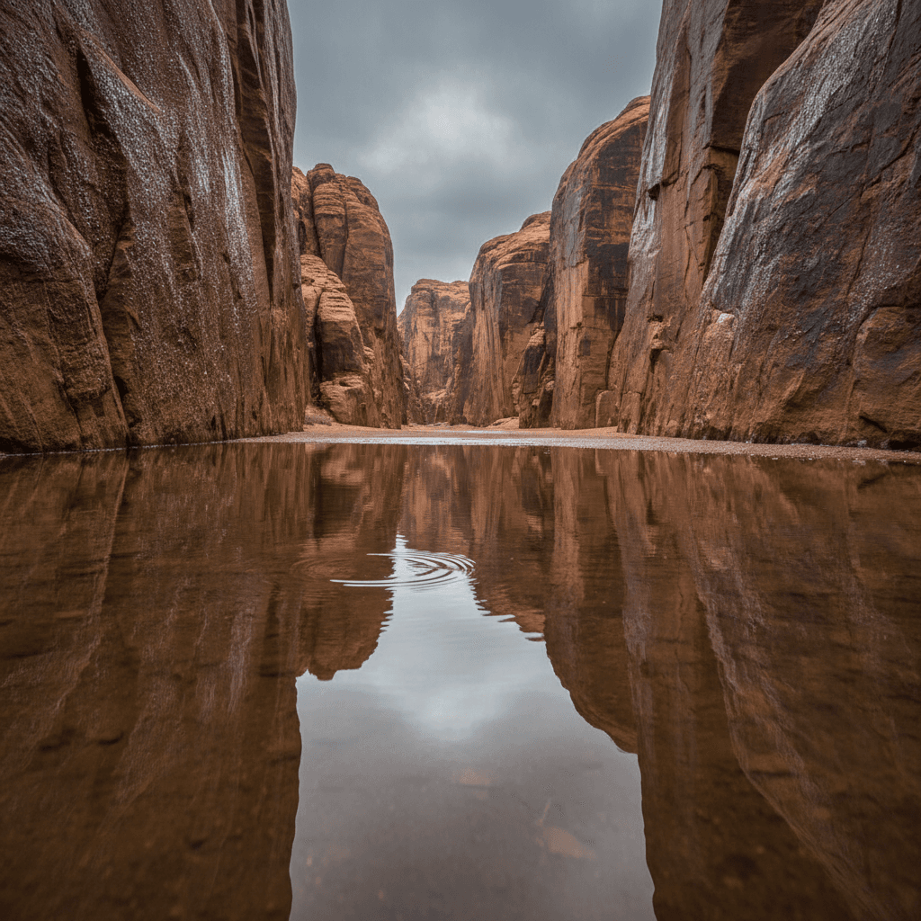 AI generated: A serene and symmetrical landscape unfolds after a heavy rainstorm, as the canyon floor transforms i...